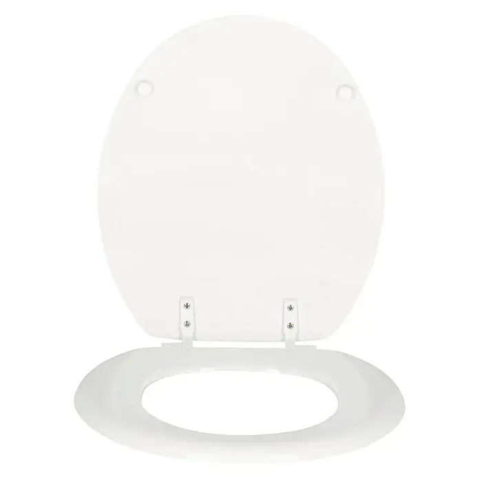 Poseidon WC-Sitz Kimo - MDF, Weiß - Weißer Toilettensitz mit Deckel, offen präsentiert. Hygienisch, komfortabel und einfach zu installieren.