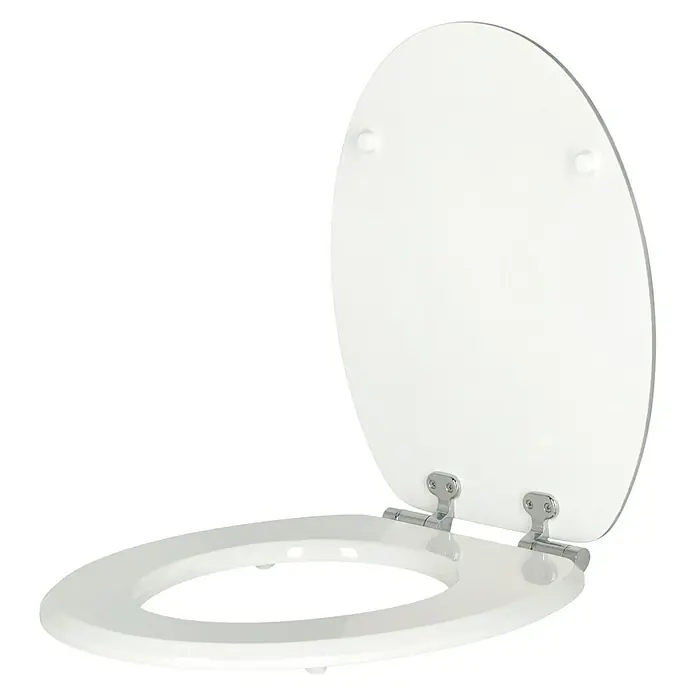 Camargue WC-Sitz Malik - Holz, Weiß, Mit Absenkautomatik - Ein weißer Toilettensitz mit Deckel ist auf einem schwarzen Hintergrund zur Ansicht ausgeklappt. Die Befestigungen sind aus silberfarbenem Metall.