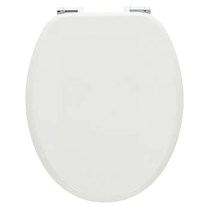 Camargue WC-Sitz Malik - Holz, Weiß, Mit Absenkautomatik - Ein weißer Toilettensitz mit Chromscharnieren, der eine elegante und hygienische Ergänzung für jedes Badezimmer darstellt.