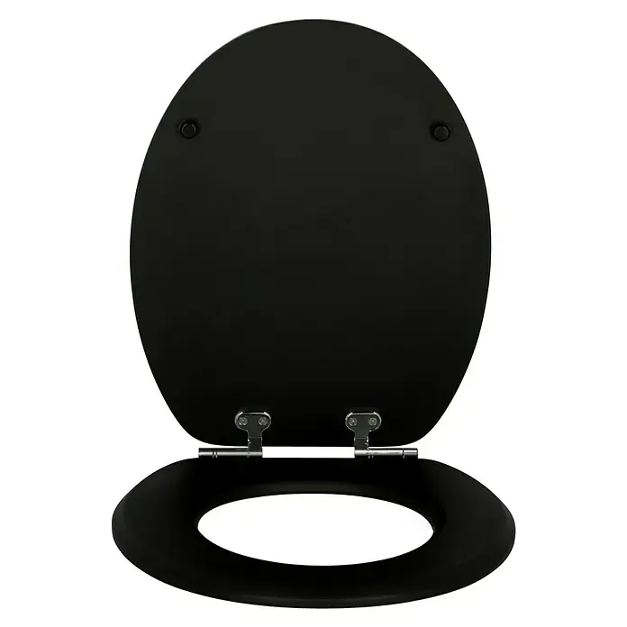 Camargue Tapa de WC Malik - Madera, Negro, Con caída amortiguada - Asiento de inodoro negro con bisagras de acero inoxidable, parcialmente abierto, sobre un fondo neutro. Acabado de alta calidad para su baño.