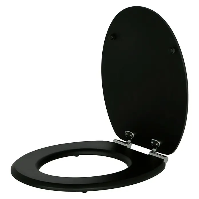 Camargue Tapa de WC Malik - Madera, Negro, Con caída amortiguada - Tapa de inodoro negra con diseño ovalado y acabado brillante, ideal para baños modernos. Las robustas bisagras garantizan la estabilidad.