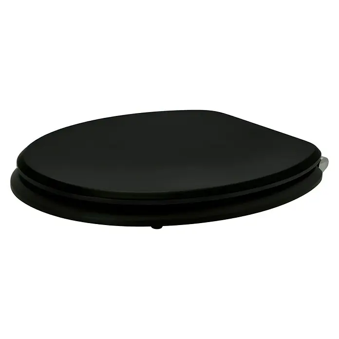 Camargue Tapa de WC Malik - Madera, Negro, Con caída amortiguada - Aquí hay una foto de un asiento de inodoro negro con un acabado brillante, que agrega un toque moderno y elegante.