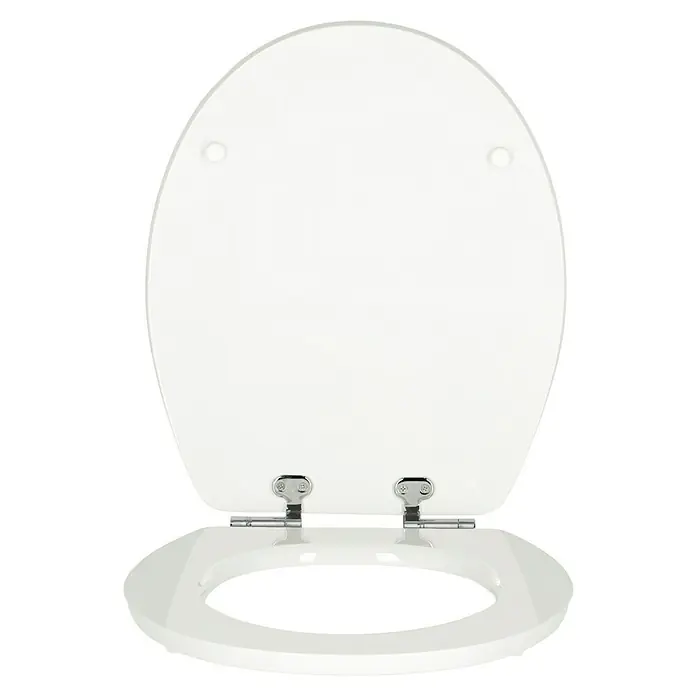 Poseidon WC-Sitz Mussel Beach - MDF, Mehrfarbig, Mit Absenkautomatik - Ein weißer Toilettensitz mit Chromscharnieren ist geöffnet zu sehen. Der Sitz ist oval und glänzend.