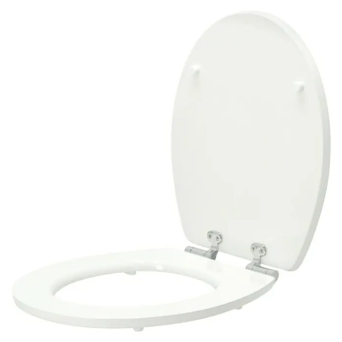 Poseidon WC-Sitz Mussel Beach - MDF, Mehrfarbig, Mit Absenkautomatik - Weißer Toilettensitz mit Deckel im geöffnetem Zustand. Die glatte Oberfläche und die Chromscharniere verleihen dem WC-Sitz ein elegantes Aussehen.