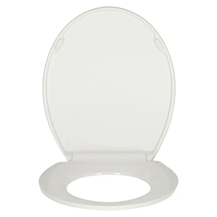 Poseidon WC-Sitz Paradise - Duroplast, Mehrfarbig, Mit Absenkautomatik - Weißer Toilettensitz mit Deckel, leicht geöffnet und im Fokus, präsentiert die Sanitärkeramik für das Badezimmer.