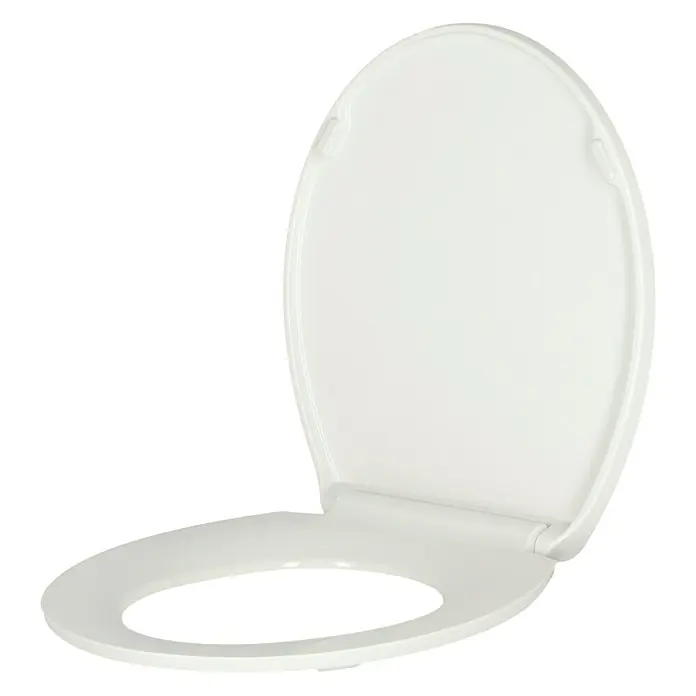 Poseidon WC-Sitz Paradise - Duroplast, Mehrfarbig, Mit Absenkautomatik - Ein weißer Toilettensitz ist leicht geöffnet. Das Produkt ist aus hochwertigem Material gefertigt und bietet Komfort und Hygiene.