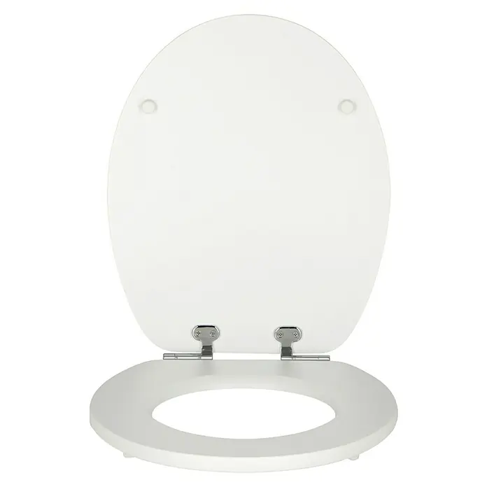 Poseidon Tapa de WC Heart - MDF, Gris, Con caída amortiguada - Primer plano de un asiento de inodoro blanco con tapa y bisagras cromadas, ideal para cualquier baño.