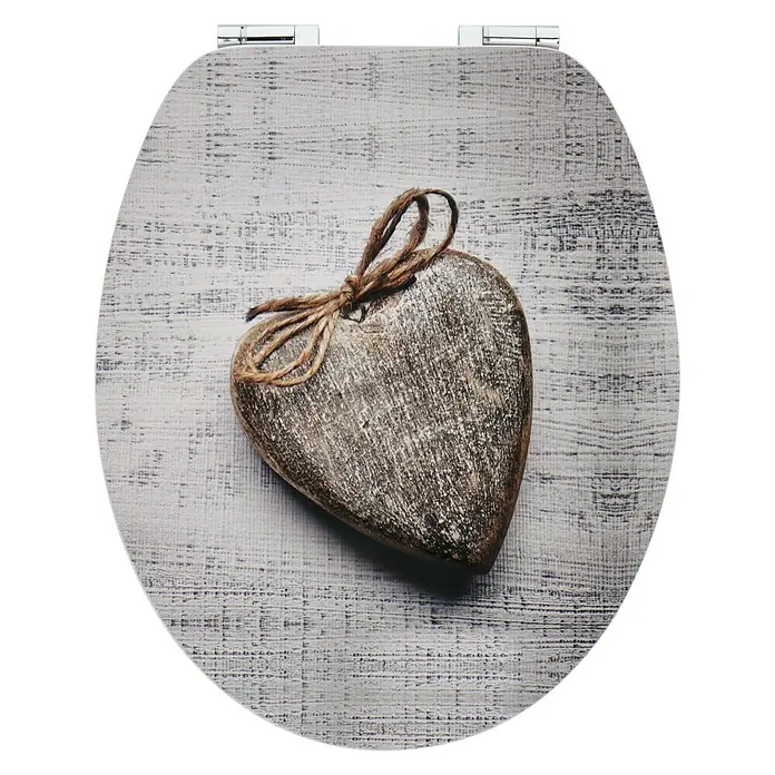 Poseidon Tapa de WC Heart - MDF, Gris, Con caída amortiguada - Un asiento de inodoro con un diseño rústico de corazón de madera, añadiendo un toque cálido y acogedor al baño.