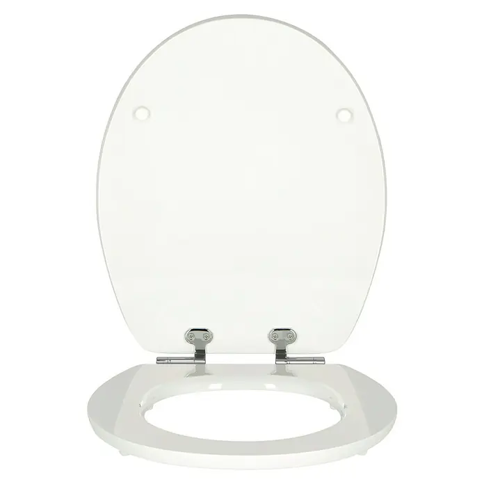 Poseidon WC-Sitz White Lama - MDF, Mehrfarbig, Mit Absenkautomatik - Das Bild zeigt einen Toilettensitz mit Deckel in Weiß, dessen Befestigungen aus glänzendem Metall sind. Der Toilettendeckel ist nach oben geöffnet.