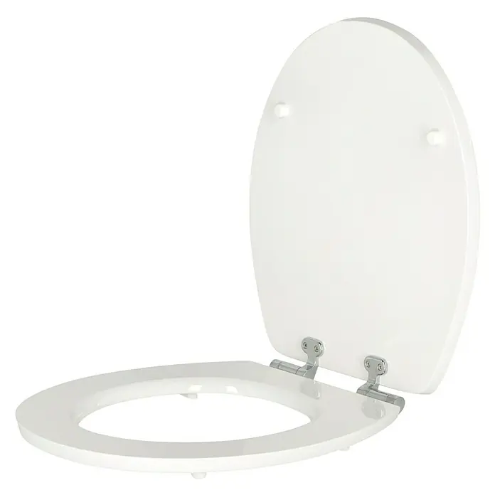 Poseidon WC-Sitz Jungle - MDF, Mehrfarbig, Mit Absenkautomatik - Die Aufnahme zeigt einen weißen Toilettensitz mit Deckel vor einem schwarzen Hintergrund, wobei der Deckel geöffnet ist.