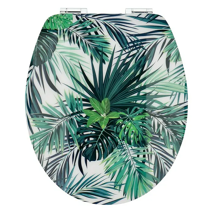 Poseidon WC-Sitz Jungle - MDF, Mehrfarbig, Mit Absenkautomatik - Ein Toilettensitz mit einem tropischen Blattmuster sorgt für einen frischen Look im Badezimmer und bietet Komfort und Stil.