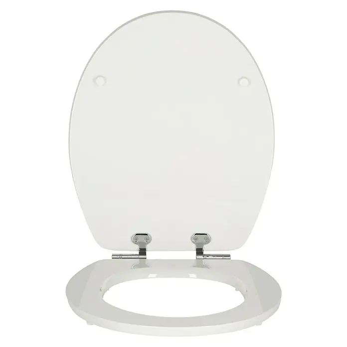 Poseidon WC-Sitz Flower - MDF, Mehrfarbig, Mit Absenkautomatik - Nahaufnahme eines weißen Toilettensitzes mit Deckel, die glänzende Oberfläche und die verchromten Scharniere hervorheben.