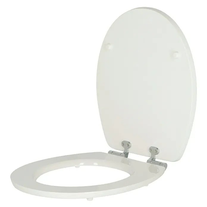Poseidon WC-Sitz Flower - MDF, Mehrfarbig, Mit Absenkautomatik - Ein offener, weißer Toilettensitz mit glänzenden Metallscharnieren, isoliert vor einem schwarzen Hintergrund, ideal für Sanitär- und Badartikel.