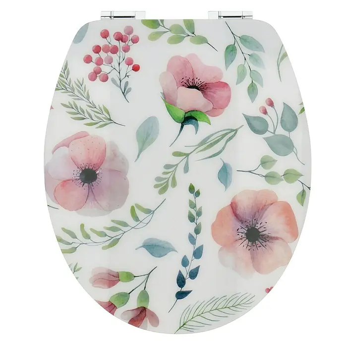 Poseidon WC-Sitz Flower - MDF, Mehrfarbig, Mit Absenkautomatik - Toilettendeckel mit einem floralen Muster in Rosa- und Grüntönen. Der Deckel ist oval und glänzend.