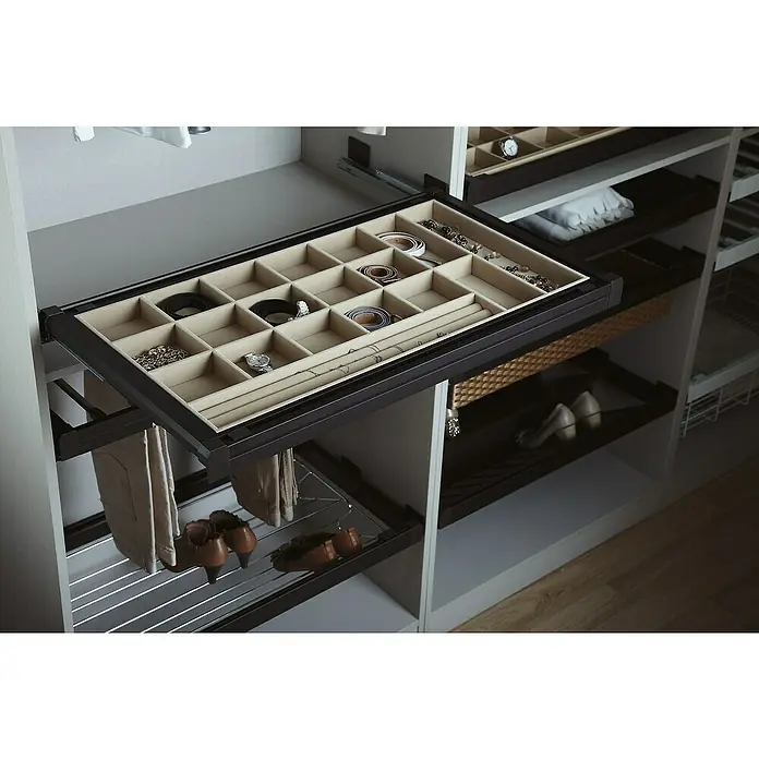 Estante para joyas Moka - L x An x Al: 485 x 964 x 70 mm, Ajuste de la anchura: 664 mm - 714 mm, Terciopelo - Armario joyero giratorio con cajones para pantalones y zapatos, una elegante solución de almacenamiento para ropa y accesorios.