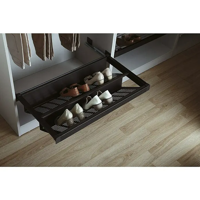 Estante para zapatos Moka - L x An x Al: 485 x 464 x 70 mm, Ajuste de la anchura: 464 mm - 514 mm, Marrón - Zapatero extraíble de dos niveles, ideal para el almacenamiento de ahorro de espacio de zapatos en el armario.