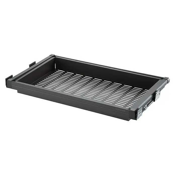 Bandeja de almacenaje Moka - L x An x Al: 485 x 464 x 70 mm, Metal, Ajuste de la anchura: 464 mm - 514 mm - Inserto de cajón metálico negro Unihopper con base perforada para armarios de cocina, ideal para almacenamiento y organización.