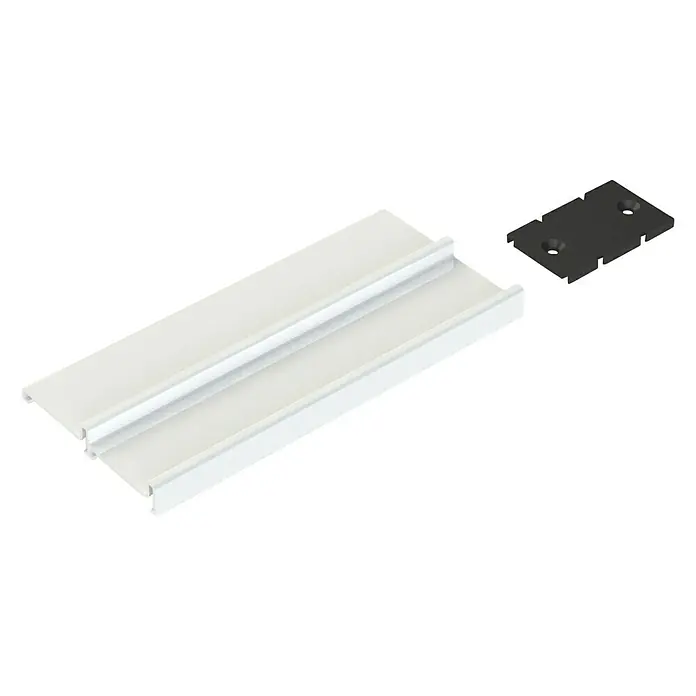 Adinor Herrajes para puerta corredera de armario - Largo: 2.800 mm, Blanco, 2 ud. - Un perfil de carril blanco con una placa negra colocada al lado. El perfil es adecuado para diversas aplicaciones que requieren guías lineales.