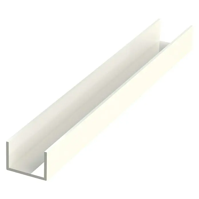 Adinor Perfil en H - Largo: 2.000 mm, Blanco, 2 ud. - Imagen de un perfil en U de aluminio blanco, angulado sobre una superficie negra. Ideal para proyectos de construcción.