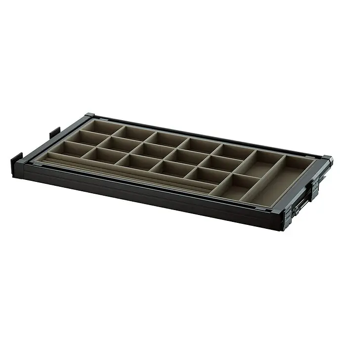 Estante para joyas Moka - L x An x Al: 485 x 964 x 70 mm, Ajuste de la anchura: 664 mm - 714 mm, Terciopelo - Inserto de cajón para joyas con múltiples compartimentos y marco negro, ideal para organizar joyas y accesorios.