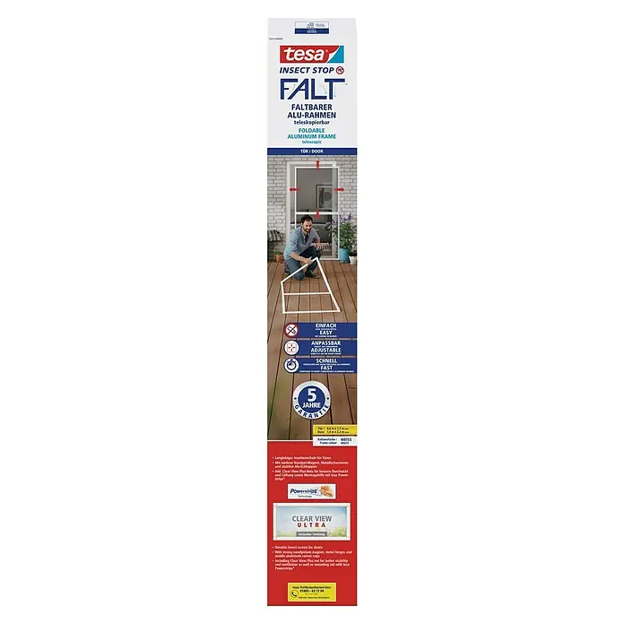 Tesa Insect Stop Puerta con protección contra insectos Falt - Blanco, Montaje de la mosquitera: Pinzas - Mosquitera para puertas de Tesa: marco de aluminio plegable, telescópico, fácil instalación, ajustable y rápido de instalar.