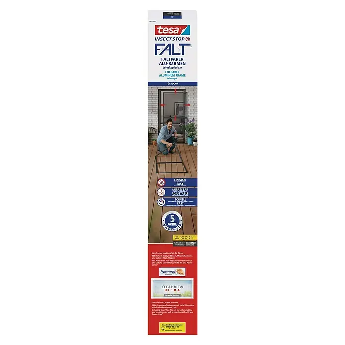 Tesa Puerta con protección contra insectos Falt - Antracita, Montaje de la mosquitera: Pinzas - Imagen de una mosquitera plegable Tesa Insect Stop para puertas con marco de aluminio antracita flexible, ideal para la protección contra insectos.