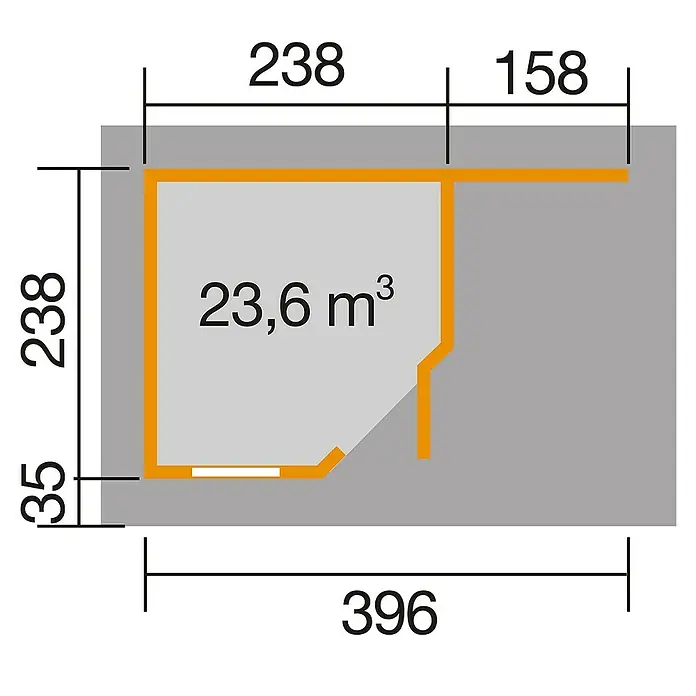 Weka Gartenhaus Designhaus 213 A+ - Außenmaß inkl. Dachüberstand (B x T): 500 x 278 cm, Holz, Schwedenrot/Weiß, 9,163 m² - Draufsicht des Grundrisses eines rechteckigen Raumes mit den Maßen 396 x 396 und dem Volumen 23,6 m³.