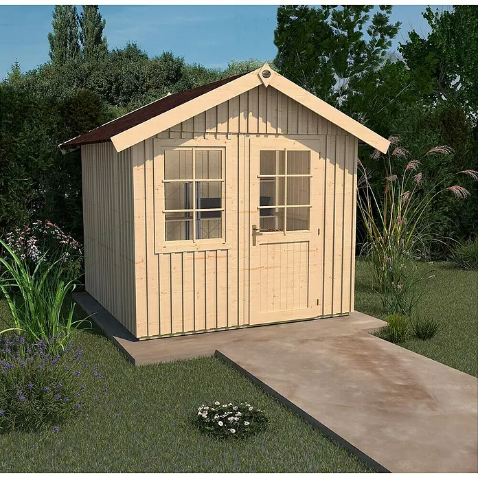 Weka Gartenhaus Schwedenhaus - Außenmaß inkl. Dachüberstand (B x T): 368 x 342 cm, Holz, Natur - Außenansicht eines Holzgartenhauses mit braunem Dach, umgeben von Grünpflanzen und einem betonierten Gehweg.