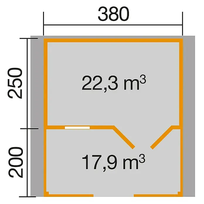 Weka Gartenhaus 111 - Außenmaß inkl. Dachüberstand (B x T): 460 x 464 cm, Holz, Natur, 17,1 m², Mit Vordach & Brüstungsgeländer - Grundriss einer Wohnung mit den Maßen 380 x 450 und Raumgrößen von 22,3 m³ und 17,9 m³.