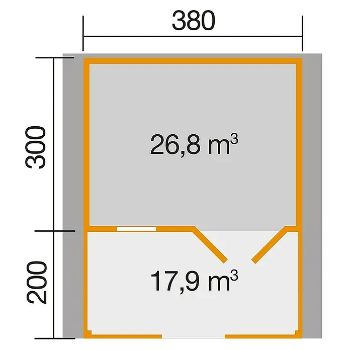 Weka Gartenhaus 136 - Außenmaß inkl. Dachüberstand (B x T): 460 x 514 cm, Holz, Natur, 19 m², Mit Vordach & Brüstungsgeländer - Grundriss eines Gebäudes mit den Maßen 380 x 500, unterteilt in zwei Bereiche mit 26,8 m³ und 17,9 m³ Volumen.