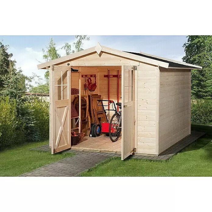 Weka Gartenhaus 316 - Außenmaß inkl. Dachüberstand (B x T): 290 x 318 cm, Holz, Natur, Unbehandelt - Stimmungsaufnahme