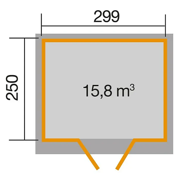Weka Gerätehaus 325 A - 7,493 m², Wandstärke: 19 mm, Unbehandelt - Draufsicht eines rechteckigen Raums mit den Maßen 299 x 250, der eine Innenfläche von 15,8 m³ hat.