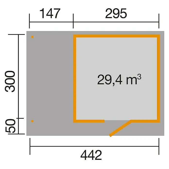 Weka wekaLine Gartenhaus Designhaus 172 + Anbau 150 cm - Außenmaß inkl. Dachüberstand (B x T): 489 x 377 cm, Holz, Anthrazit/Weiß, 13,395 m² - Grundriss eines Gartenhauses mit Abmessungen und einem Volumen von 29,4 m³. Die Maße sind in Zentimetern angegeben.