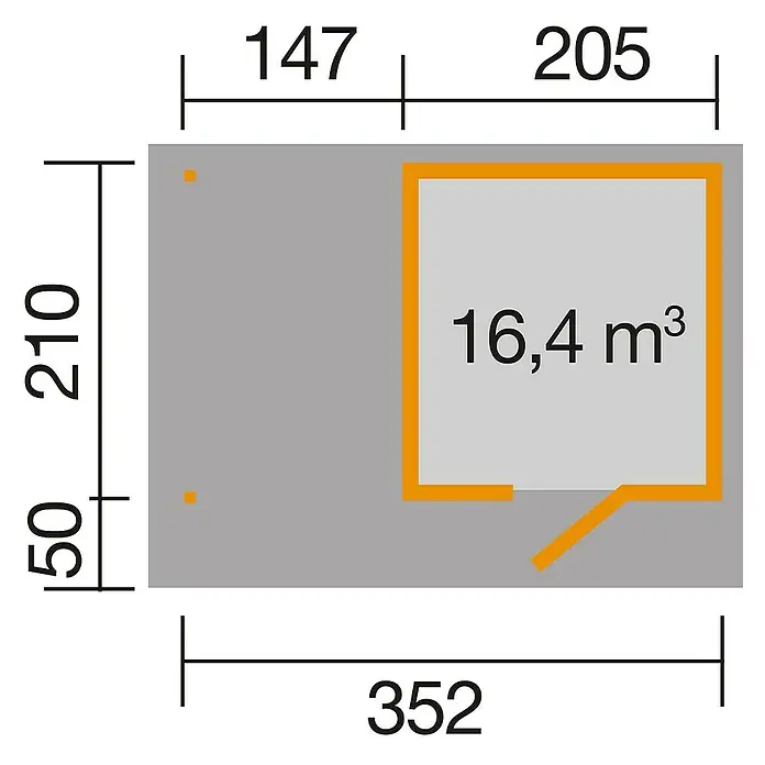 Weka wekaLine Gartenhaus Designhaus 172 + Anbau 150 cm - Außenmaß inkl. Dachüberstand (B x T): 399 x 284 cm, Holz, Natur, 7,49 m² - Grundrisszeichnung eines Gebäudes mit den Maßen 352 x 210, einem Raum von 16,4 m³ und zusätzlichen Details.
