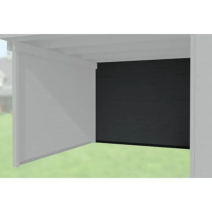 Weka Rückwand für Anbau 300 cm - Anthrazit, Passend für: Weka Gartenhäuser Designhaus 126 B & 172 B - Ansicht eines modernen weißen Holzschuppens mit einer Akzentwand aus dunklem Holz, die einen eleganten Kontrast bildet.