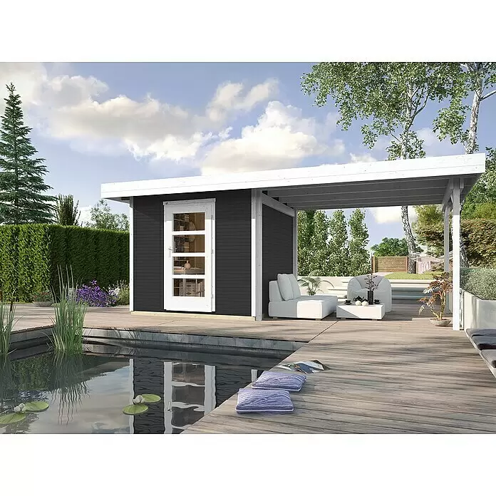 Weka wekaLine Gartenhaus Designhaus 172 + Anbau 300 cm - Außenmaß inkl. Dachüberstand (B x T): 634 x 377 cm, Holz, Anthrazit/Weiß - Stimmungsaufnahme