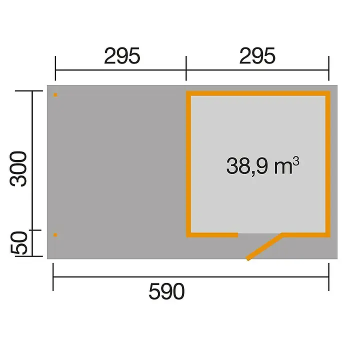 Weka wekaLine Gartenhaus Designhaus 172 + Anbau 300 cm - Außenmaß inkl. Dachüberstand (B x T): 634 x 377 cm, Holz, Anthrazit/Weiß - Grundrisszeichnung eines rechteckigen Gartenhauses mit Maßangaben für Länge, Breite und Raumvolumen.