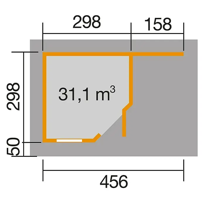 Weka Gartenhaus Designhaus 213 A - Außenmaß inkl. Dachüberstand (B x T): 501 x 338 cm, Holz, Natur, 13,589 m² - Grundrisszeichnung eines kleinen Raumes mit den Maßen 456 x 298, der ein Volumen von 31,1 m³ hat.