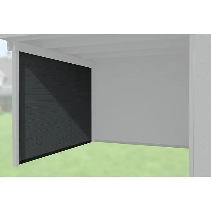 Weka Seitenwand - Anthrazit, Breite: 235 cm, Passend für: Weka Gartenhäuser Designhaus 126 & 172 mit Anbautiefe 235 cm - Ansicht eines modernen Holzschuppens mit grauer Holzverkleidung und hellem Rahmen, der sich in eine natürliche Umgebung einfügt.