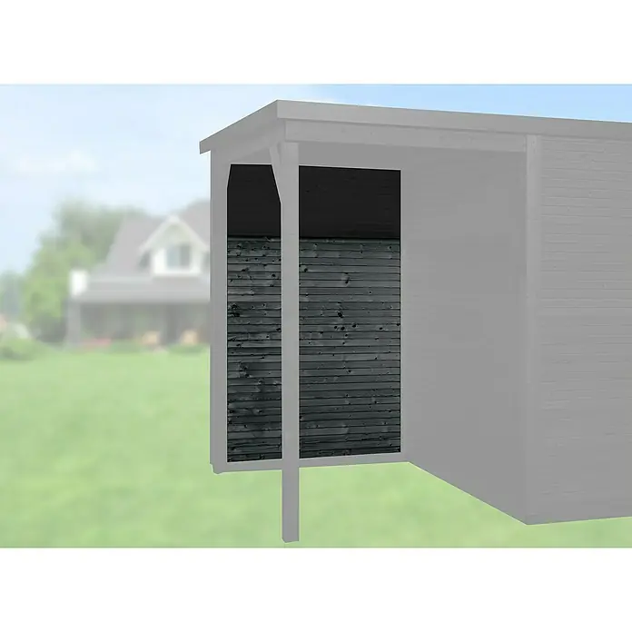 Weka Rückwand Line - Anthrazit, Breite: 147 cm, Passend für: Weka Gartenhaus Designhaus wekaLine 172 A - Nahaufnahme eines stilvollen, grauen Gartenhauses mit modernen Holzdetails, das sich perfekt in jede Gartenlandschaft einfügt.