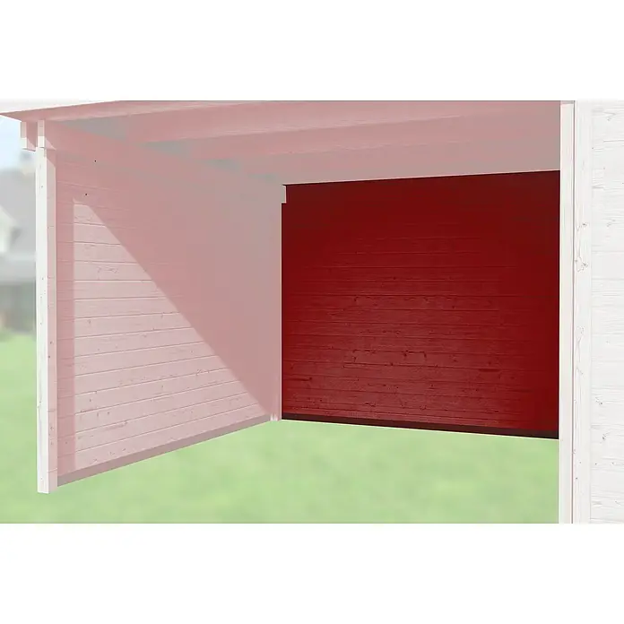 Weka Rückwand für Anbau 300 cm - Schwedenrot, Passend für: Weka Gartenhäuser Designhaus 126 B & 172 B - Ansicht eines offenen Holzgaragengebäudes mit roter Rückwand und Rasenfläche davor.