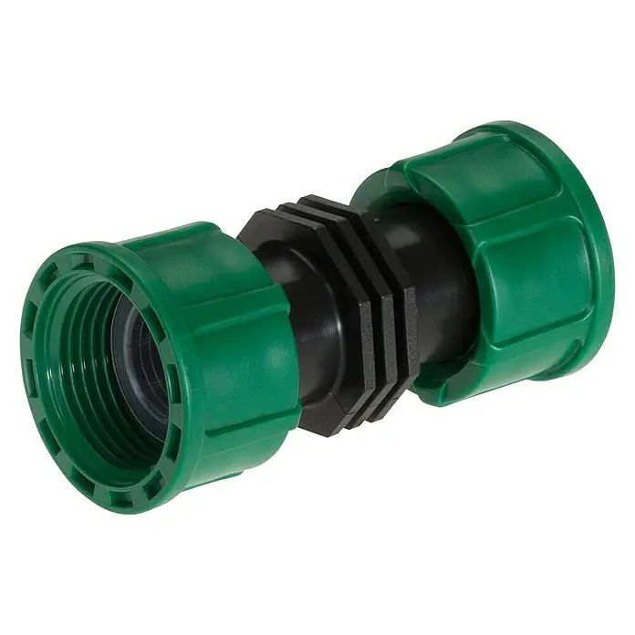 Gardena Sprinklersystem Verbinder - Passend für: Gardena Ventilboxen V3 - Nahaufnahme einer grünen und schwarzen Schlauchverbindung, die ein wesentliches Gartenzubehör für die Bewässerung darstellt.