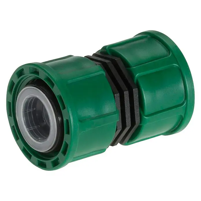 Gardena Sprinklersystem Verbinder - Passend für: Gardena Ventilboxen V3 - Nahaufnahme eines grünen Schlauchverbinders mit schwarzen Dichtungen auf schwarzem Hintergrund.