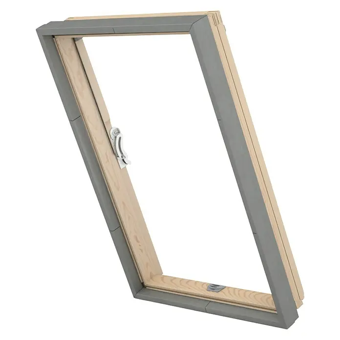 Wärmedämmung IFCS Slim - 78 x 118 cm, Passend für: Solid Elements Dachfenster Basic - Nahaufnahme eines Dachfensters mit grauem Rahmen, Holzinnenleben und einem Drehmechanismus zum Öffnen.