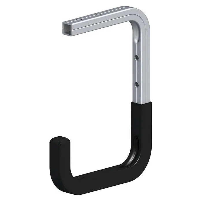 Kantoflex Coaxis Haken - 150 x 220 mm, Aluminium, Gummiert, Traglast: 30 kg, Passend für: Coaxis Profile - Abbildung eines verstellbaren Wandhaken mit silberfarbenem Rahmen und schwarzem Endstück, ideal für die Organisation in Garage oder Werkstatt.
