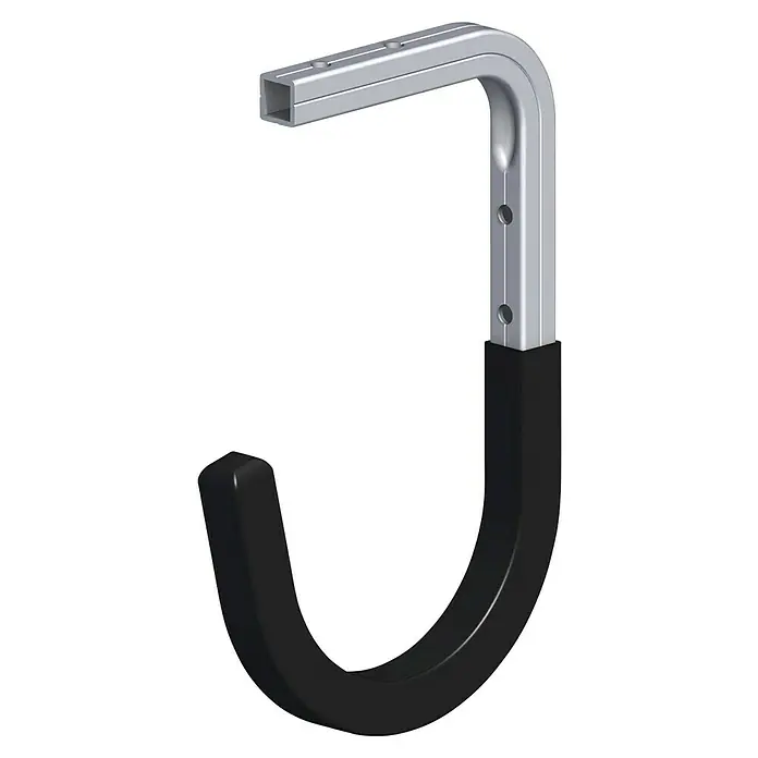 Kantoflex Coaxis Haken - 100 x 165 mm, Aluminium, Gummiert, Traglast: 30 kg, Passend für: Coaxis Profile - Nahaufnahme eines silbernen und schwarzen Gerätehalters. Der robuste Metall-Wandhaken ist ideal für die Garage oder Werkstatt.