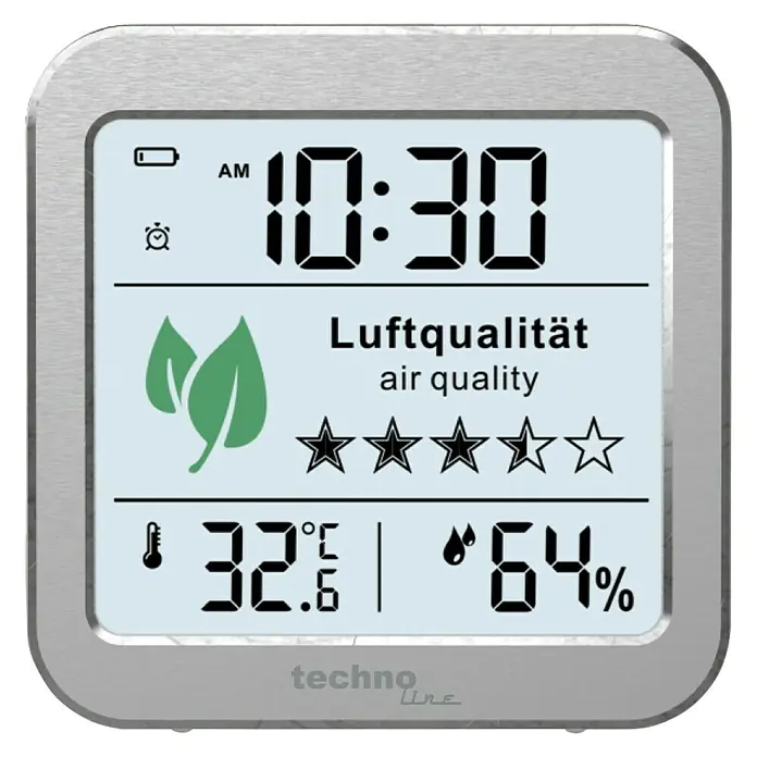 Technoline Luftqualitätsmonitor WL1020 - Digitales Display, 82 x 25 x 82 mm - Bild eines Techno Line Geräts, das die Luftqualität, Temperatur und Luftfeuchtigkeit anzeigt sowie die Uhrzeit 10:30 AM.