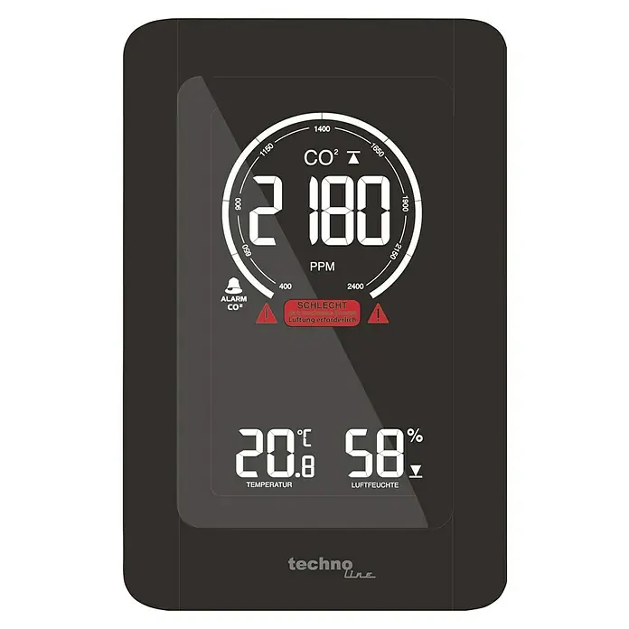 Technoline Luftqualitätsmonitor CO2 WL1030 - Digitales Display, 50 x 94 x 145 mm - Abbildung eines Techno Line CO2-Messgeräts mit Anzeige von Temperatur, Luftfeuchtigkeit und CO2-Alarm.