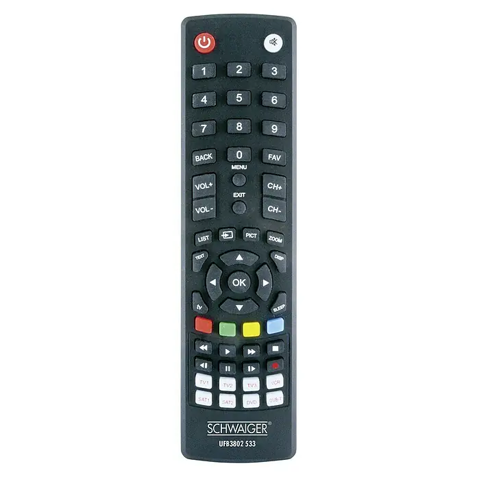 Schwaiger Fernbedienung 8 in 1 - Schwarz, Micro AAA - Nahaufnahme einer schwarzen Universalfernbedienung von SCHWAIGER, Modell UFB3802 533, mit zahlreichen Tasten.