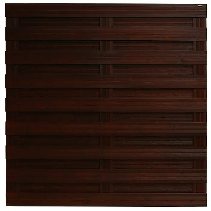Andrewex Sichtschutzelement Goch - B x H: 180 x 180 cm, Braun - Nahaufnahme eines dunklen Holzzauns mit horizontalen Brettern, die ein modernes, stilvolles Design aufweisen.\n